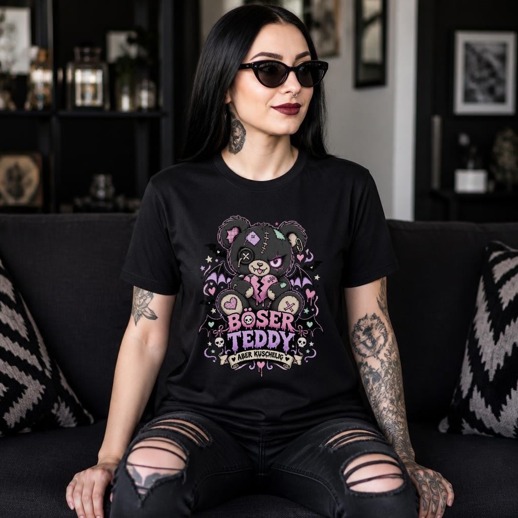 Böser Teddy T-Shirt Damen Gothic Cute Pastell, Grunge Alt. aber kuschelig Spruchshirt