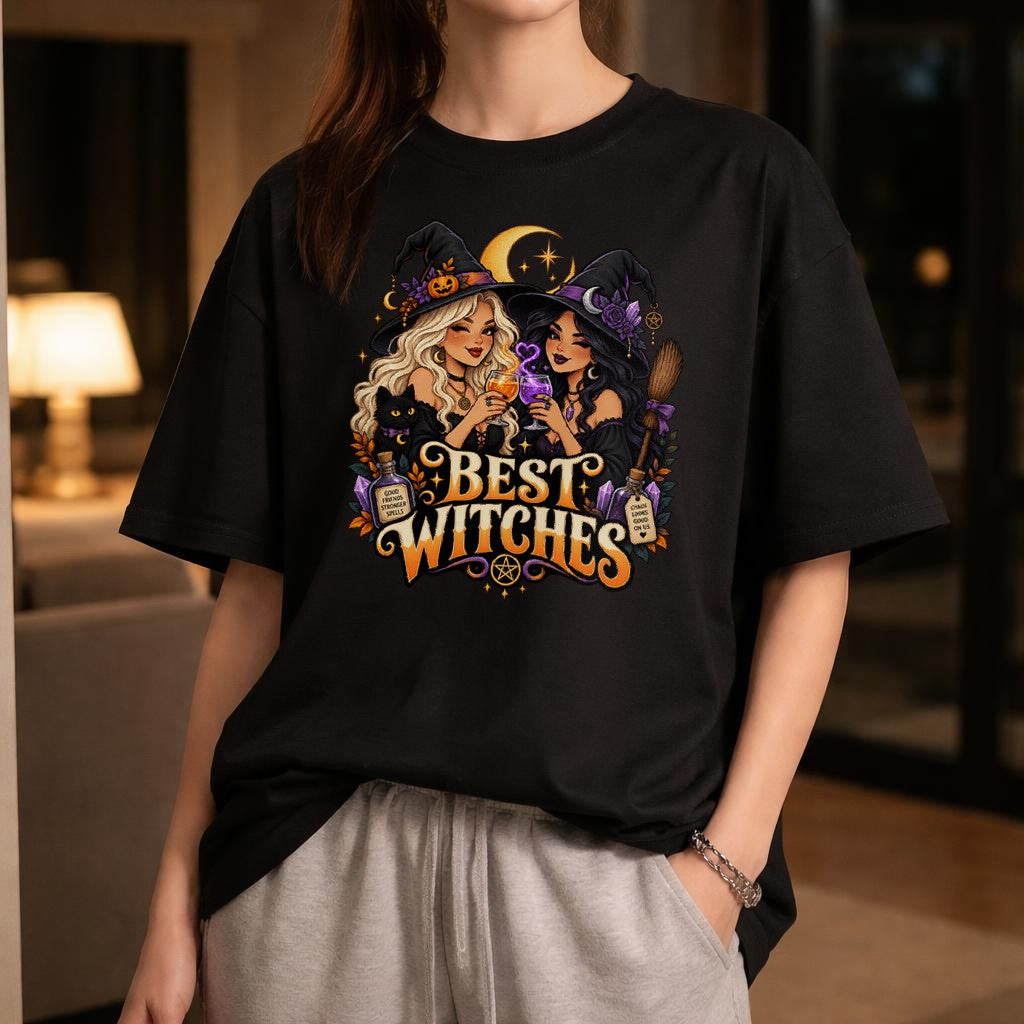 Best Witches T-Shirt Damen Halloween Hexen Freundin Geschenk Spooky Season Shirt Gothic Herbst Oberteil