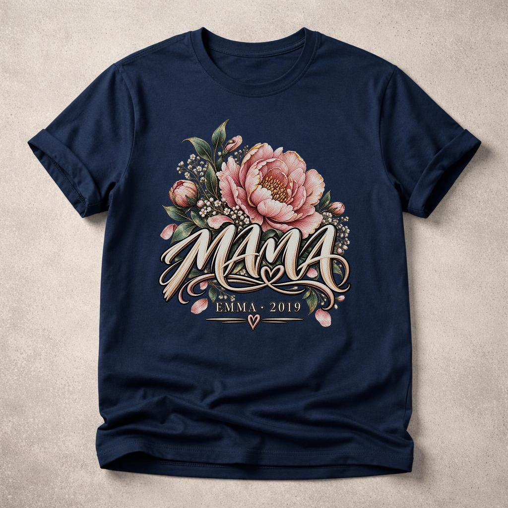 Personalisiert Mama T-Shirt mit Namen & Wunschjahr, Blumen Schriftzug Shirt, Geschenk für Mutter individuell