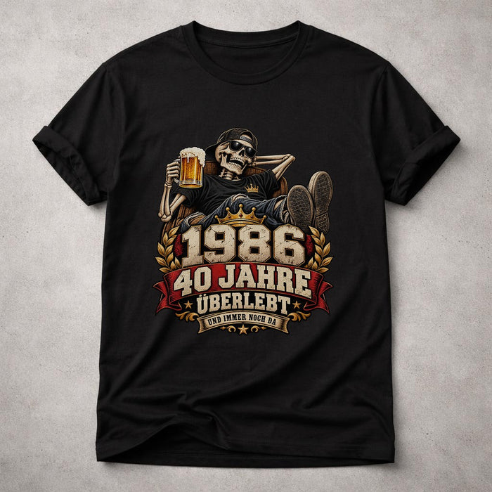 1986 40 Jahre Überlebt T-Shirt Herren, lustiges 40. Geburtstag Shirt mit Skelett Bier, Geschenk zum Vierzigsten