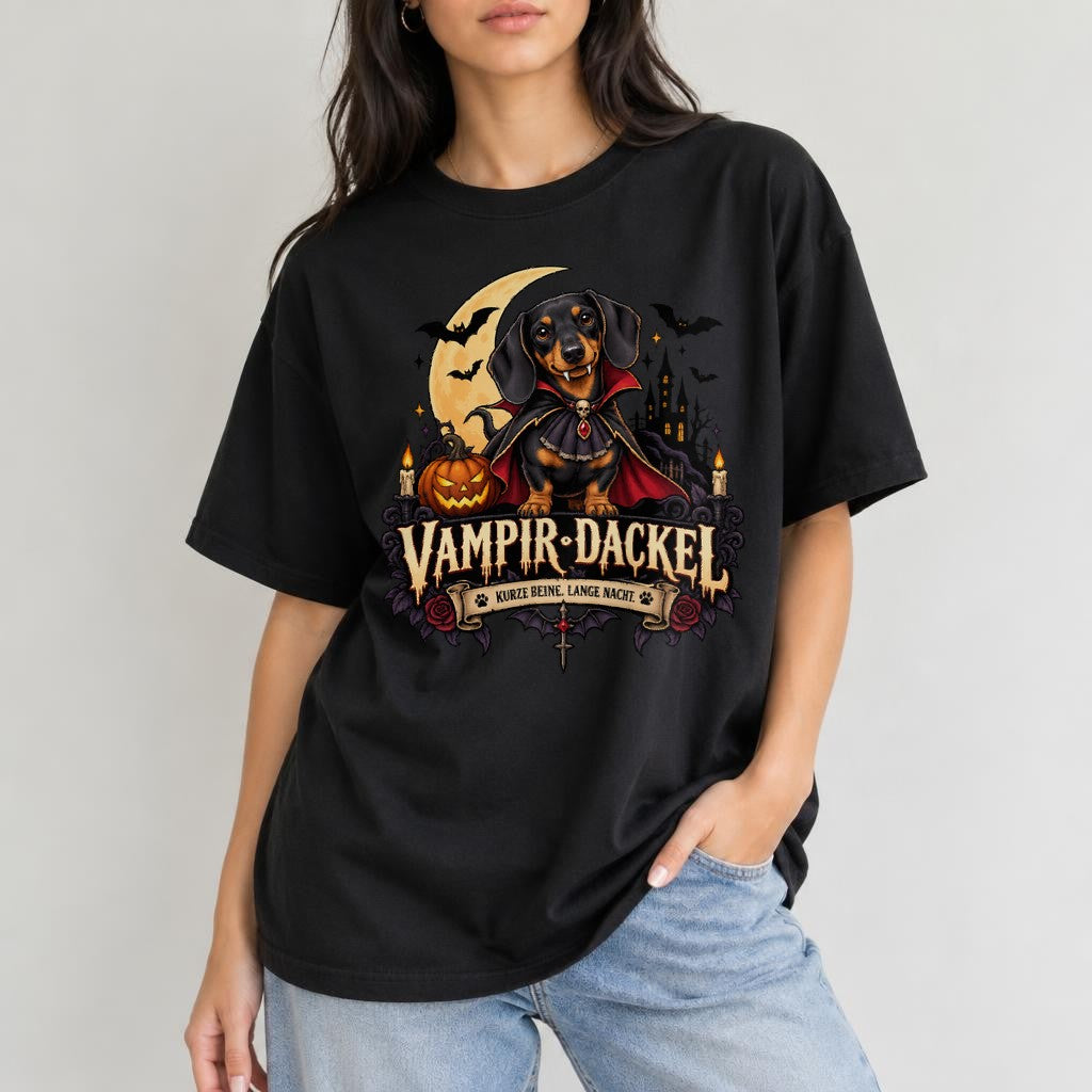Vampir Dackel T-Shirt Damen Halloween Hundeshirt Gothic Retro Spruch Kurze Beine Lange Nacht Geschenk