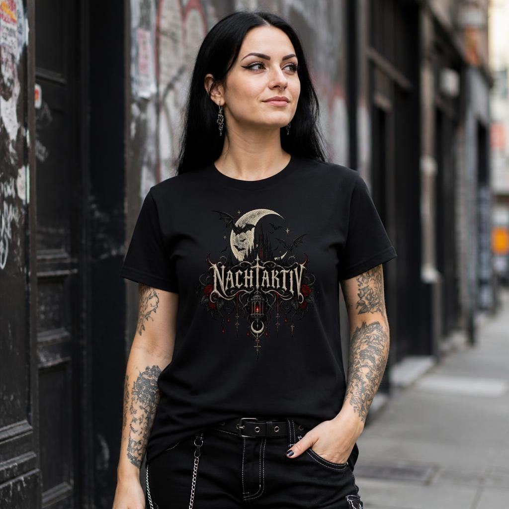 Nachtaktiv Gothic T-Shirt Damen Herren – Dark Moon Bat Skull Vintage Style