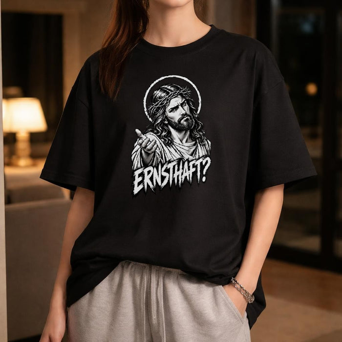 Camiseta "En serio Jesús" para mujer y hombre, divertida, sarcástica, con frase cristiana, camiseta gráfica, negra, unisex