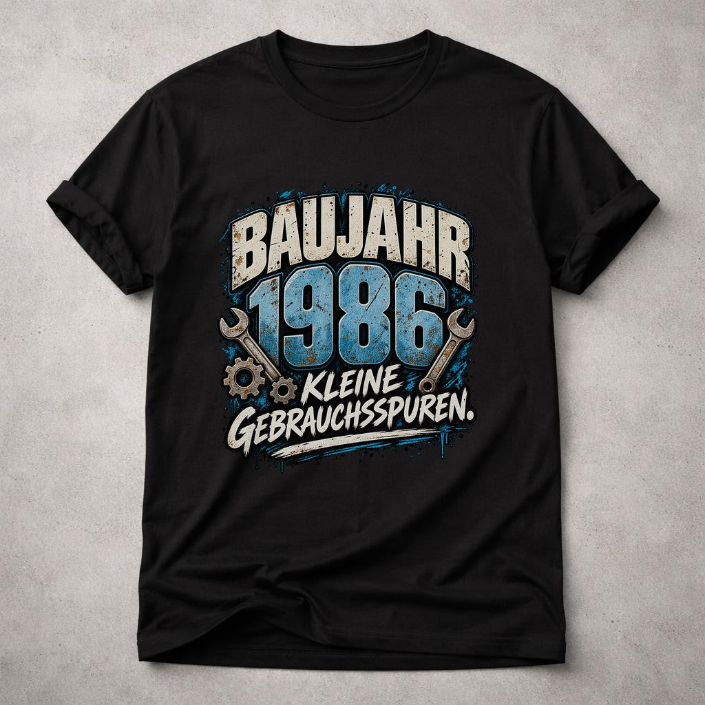 Baujahr 1986 T-Shirt Herren lustig, Kleine Gebrauchsspuren, Geburtstag Shirt 39 Jahre, Schrauber Geschenk Mann