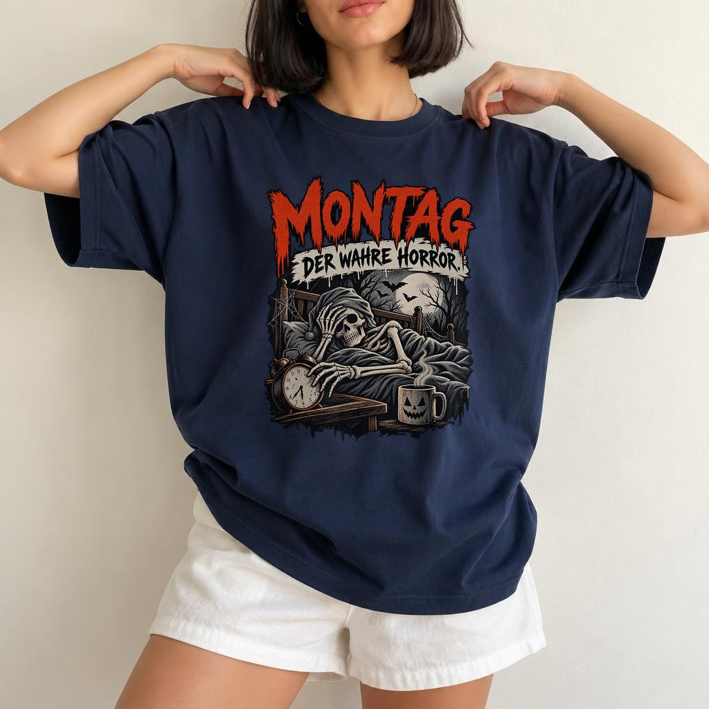 Montag Der Wahre Horror T-Shirt Damen Oversized, lustiges Horror Spruchshirt schwarz, Halloween Skelett Tee Unisex