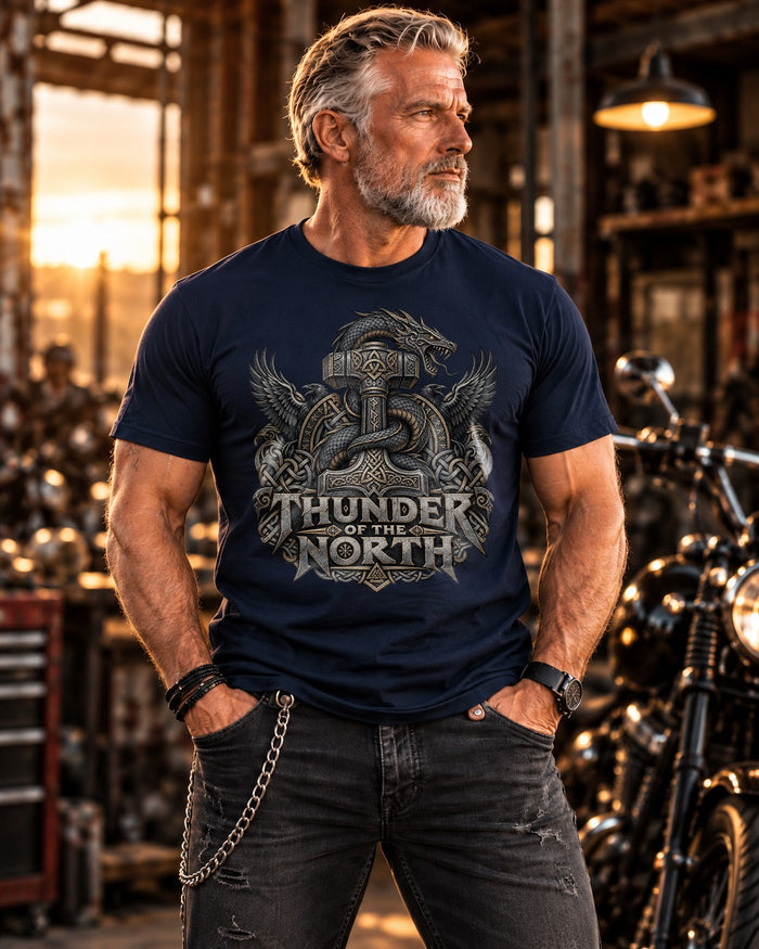 Thunder of the North T-Shirt Herren Wikinger Norse Mythologie Thor Hammer Drachen Raben Nordic Fantasy Shirt