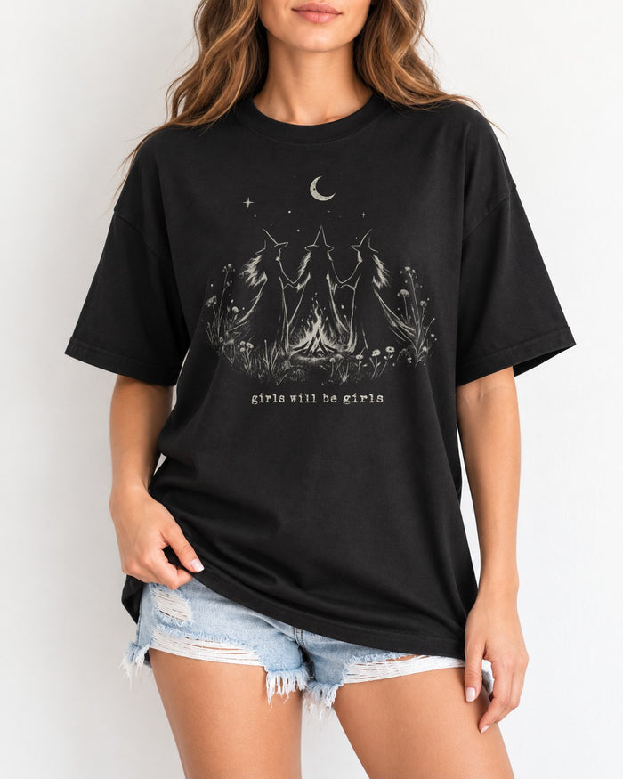 Camiseta Witchy para mujer girls will be girls, camisa de bruja, regalo de magia lunar gótico vintage para mujeres