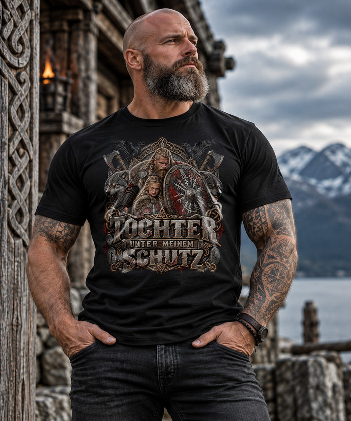 Tochter unter meinem Schutz T-Shirt Wikinger Vater Shirt mit Wolf Rabe Schild, Geschenk für Papa mit Tochter