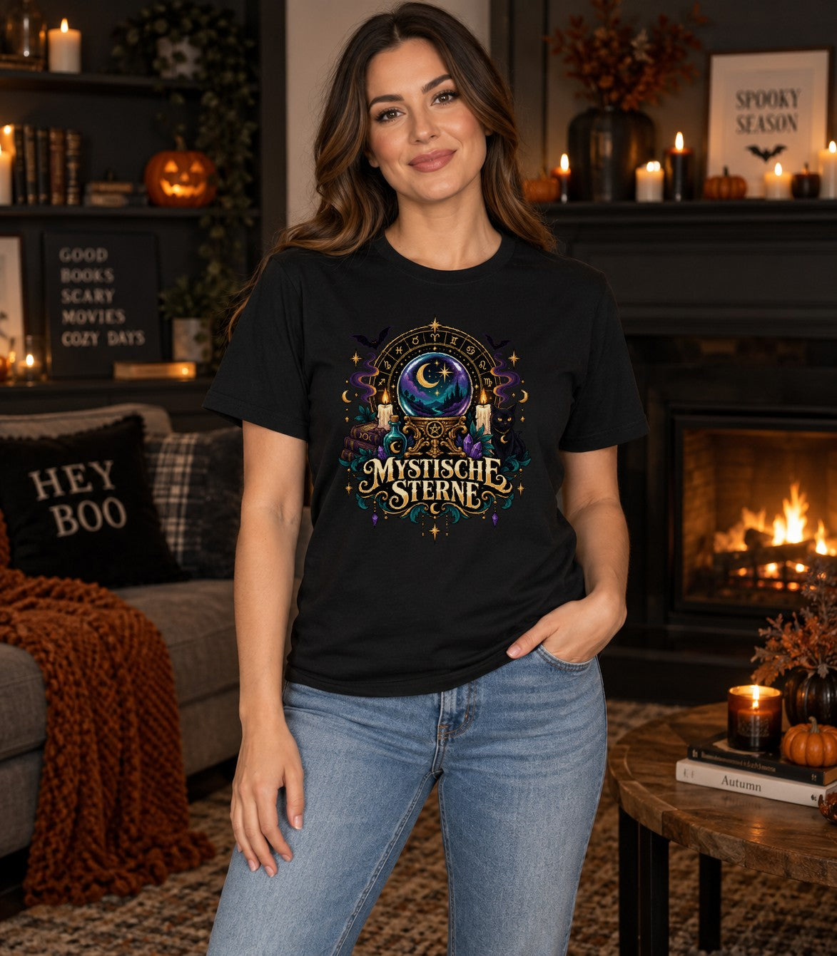Mystische Sterne T-Shirt Damen Oversized, Hexen Astrologie Shirt, Gothic Mond Sterne Kristall Katze Geschenk
