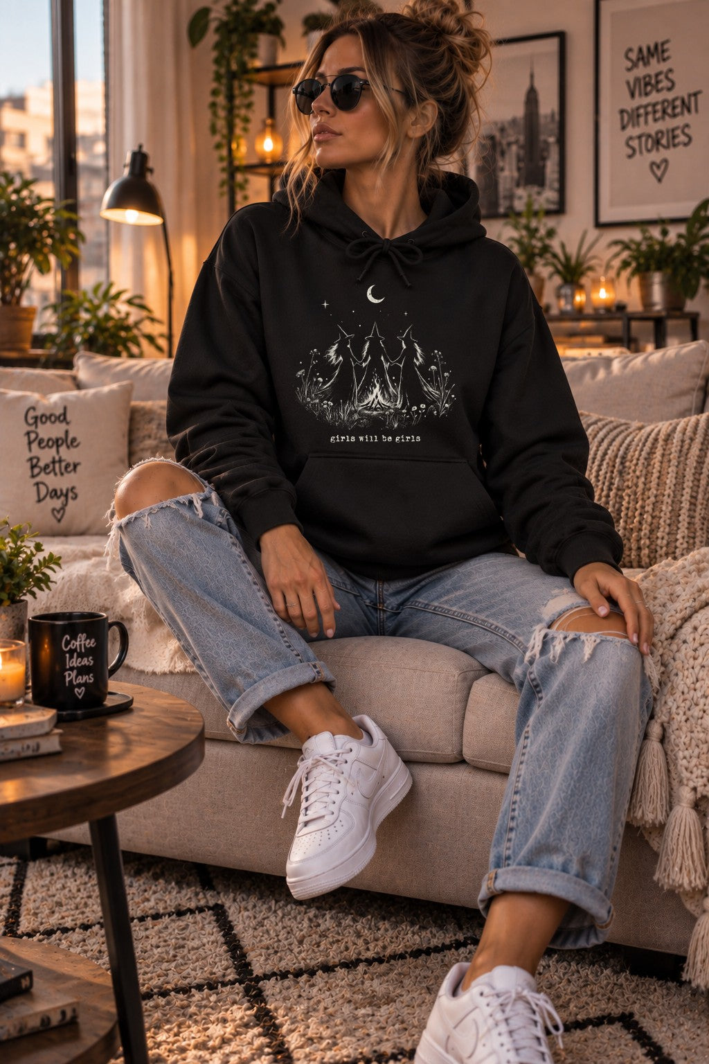 Witchy Hoodie Damen Schwarz Girls Will Be Girls Hexen Grafik Hoodie Boho Gothic Moon Pullover Geschenk für Frauen
