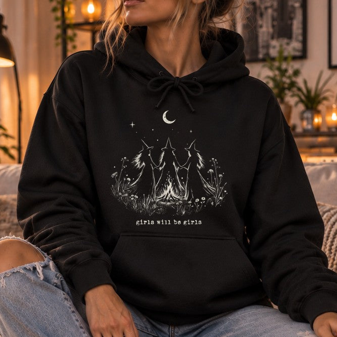 Witchy Hoodie Damen Schwarz Girls Will Be Girls Hexen Grafik Hoodie Boho Gothic Moon Pullover Geschenk für Frauen