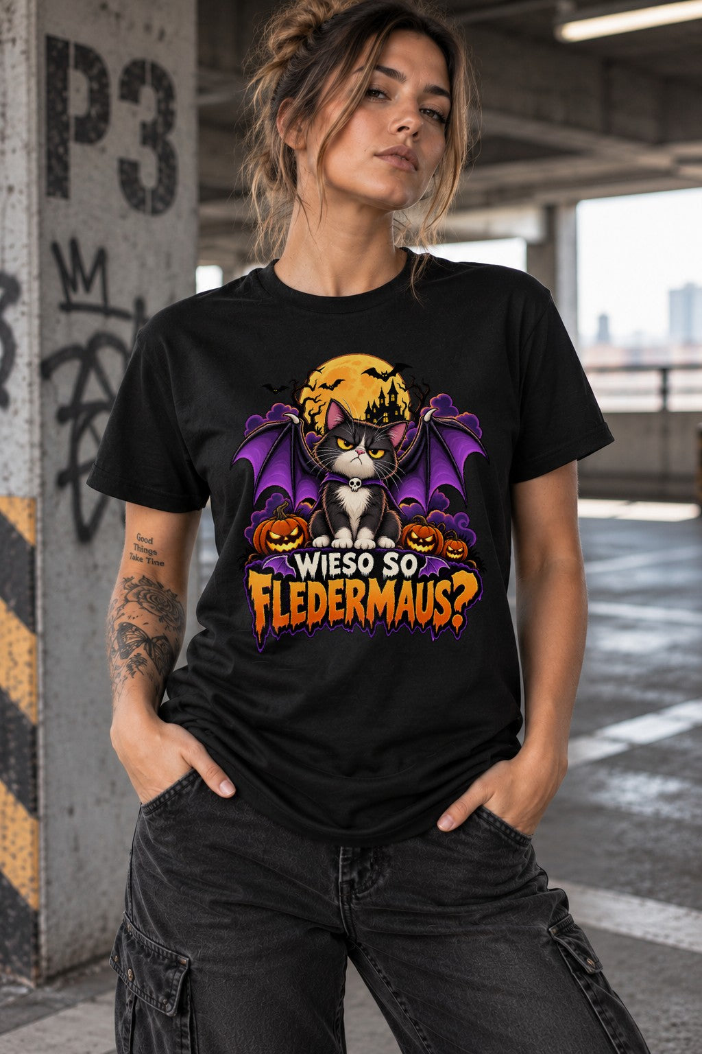 Wieso So Fledermaus T-Shirt Damen Halloween Katze Gothic Lustig Bat Cat Shirt Herbst Grusel Funshirt