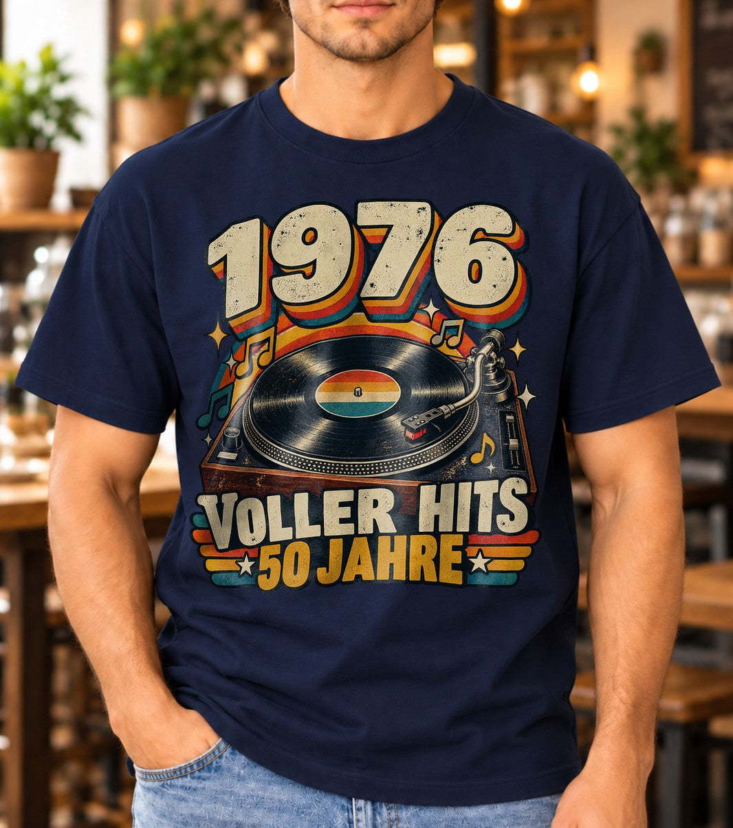 1976 Voller Hits 50 Jahre T-Shirt Herren Damen, Retro Geburtstag Shirt mit Plattenspieler, Jahrgang 1976 Geschenk
