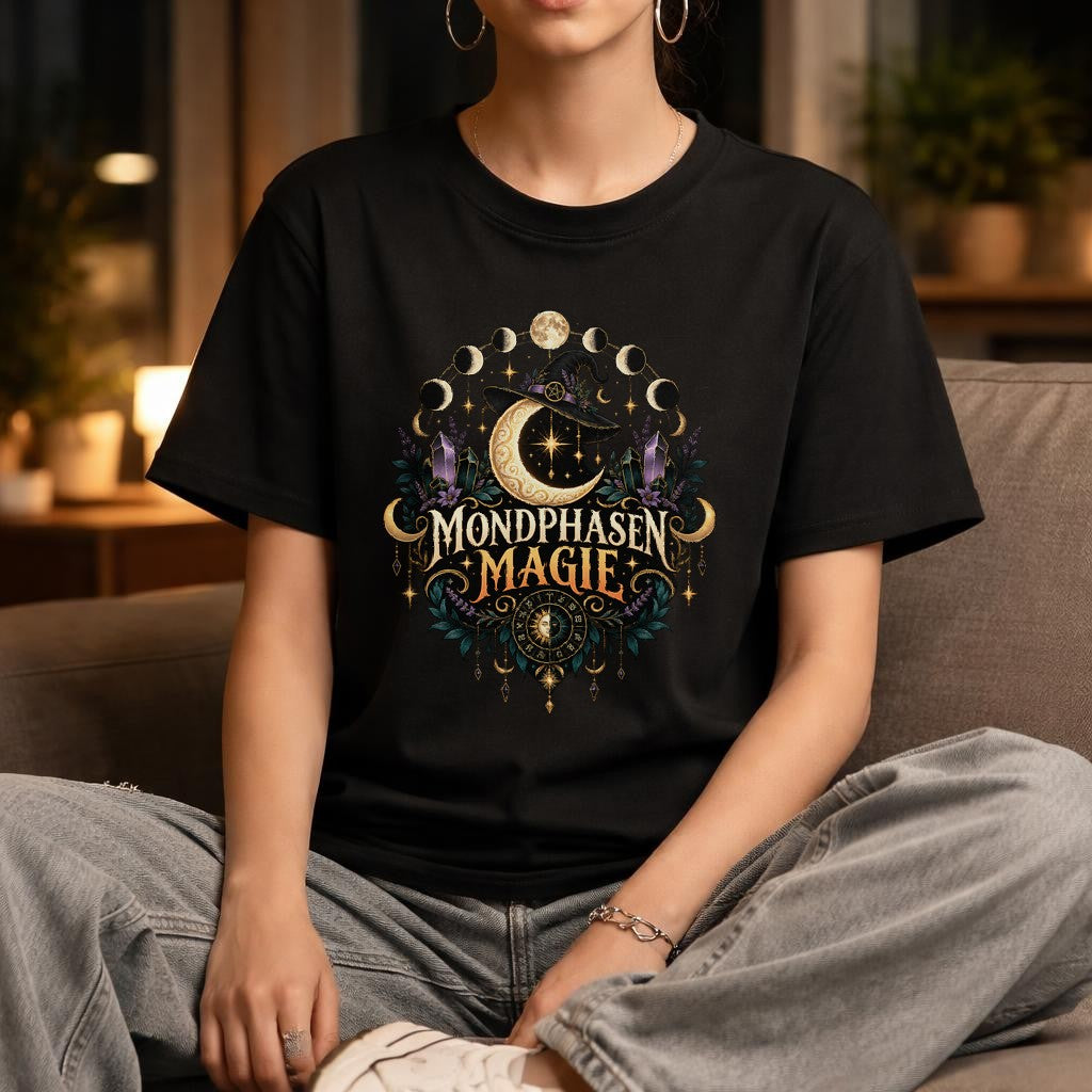 Mondphasen Magie T-Shirt Damen Oversized Mystisch Hexe Mondphasen Shirt Boho Gothic Kristalle Celestial Tee