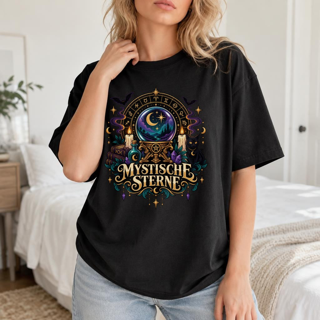 Mystische Sterne T-Shirt Damen Oversized, Hexen Astrologie Shirt, Gothic Mond Sterne Kristall Katze Geschenk