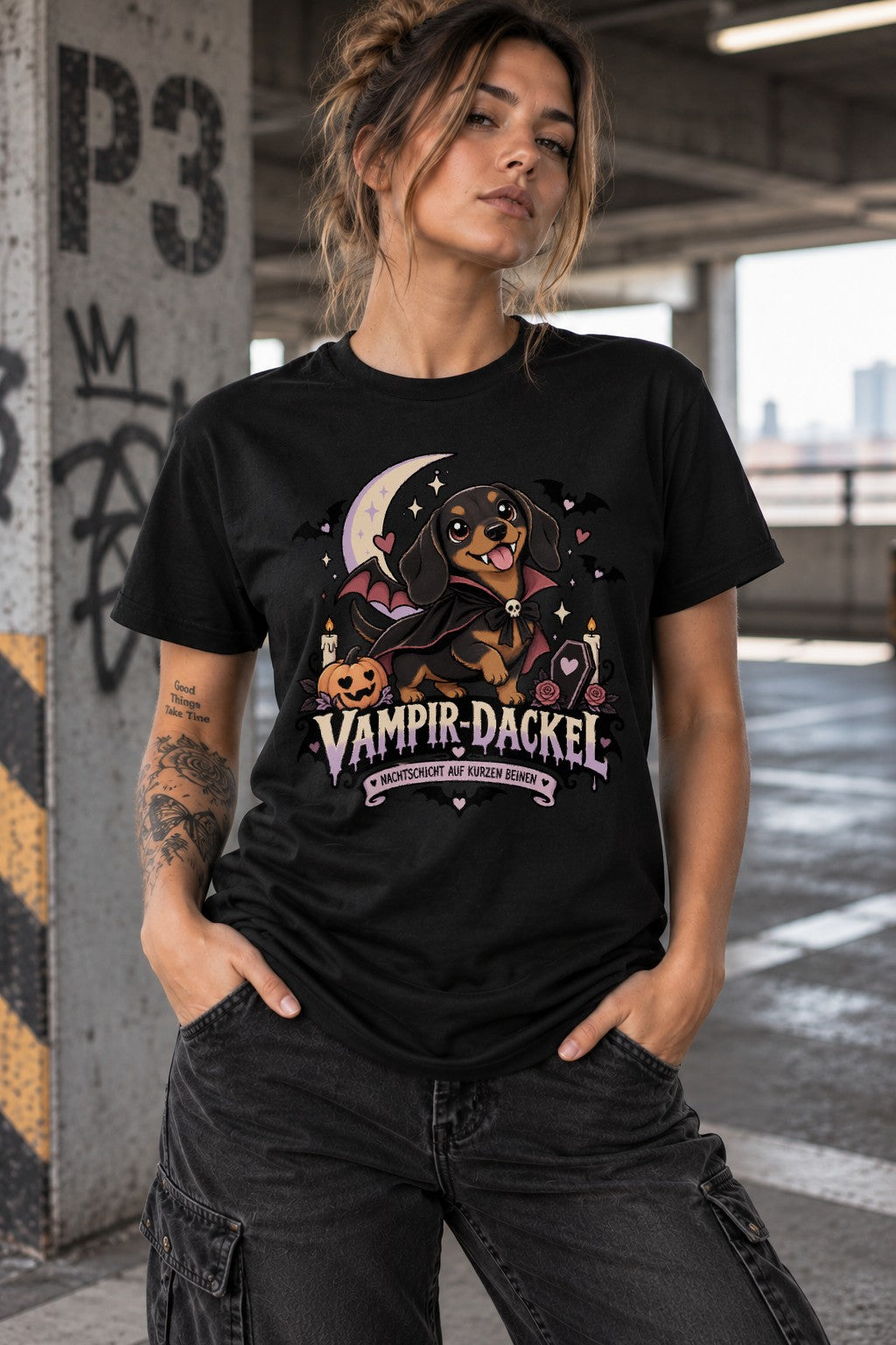 Vampir Dackel T-Shirt Damen Halloween Hundeshirt lustig Gothic Dackel Shirt Geschenk für Dackel Fans spooky niedlich
