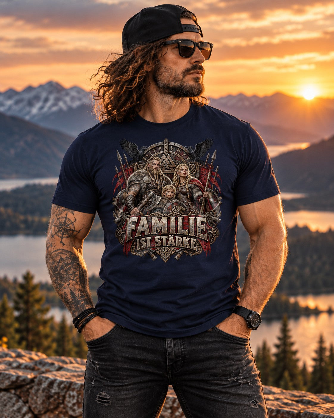 Familie ist Stärke Wikinger T-Shirt Herren, Nordisch Viking Shirt mit Runen, Krieger Familie Geschenk, Fantasy Print Tee