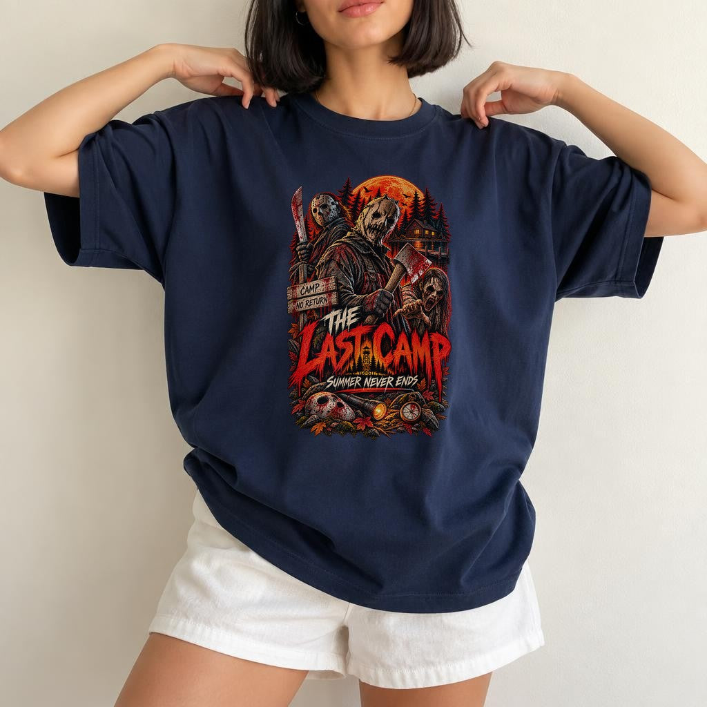 Horror Camp T-Shirt Damen Oversized, The Last Camp Summer Never Ends, Slasher Retro Halloween Shirt Unisex