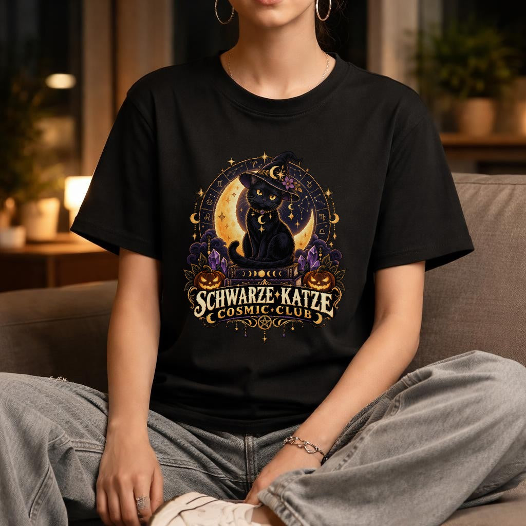 Schwarze Katze Cosmic Club T-Shirt Damen Oversized Halloween Witchy Cat Shirt Gothic Retro Mond Katze