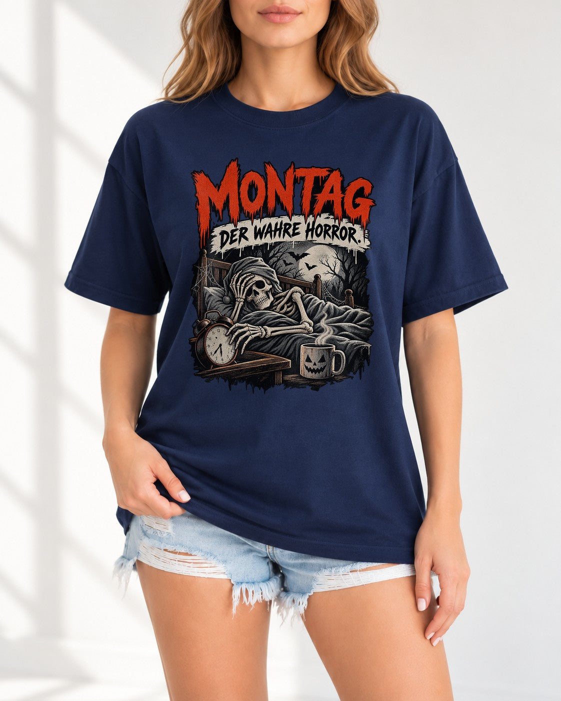 Montag Der Wahre Horror T-Shirt Damen Oversized, lustiges Horror Spruchshirt schwarz, Halloween Skelett Tee Unisex
