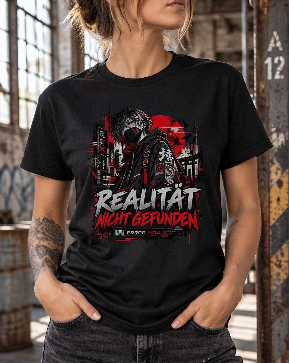 Realität Nicht Gefunden T-Shirt Anime Streetwear Damen Herren, Error 404 Cyberpunk Oversized Shirt Schwarz