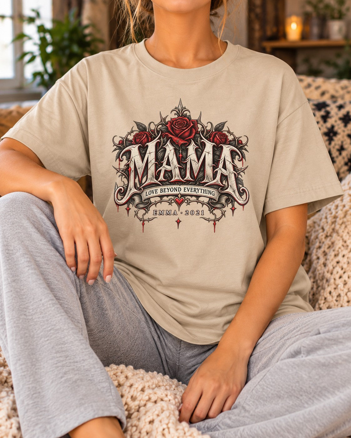 Personalisiert Mama T-Shirt mit Namen & Wunschjahr, Gothic Rosen Shirt Damen, Geschenk für Mutter individuell