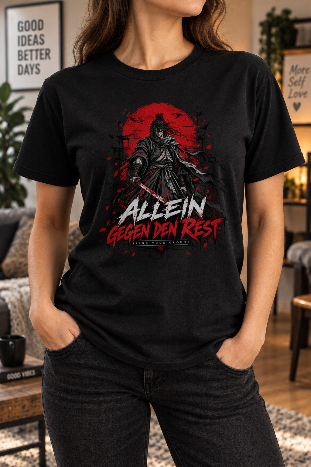 Allein Gegen Den Rest T-Shirt Damen Oversized, Samurai Anime Shirt Vintage Washed, Streetwear Grafiktee Schwarz