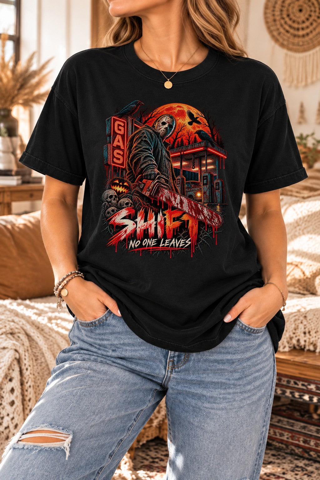 Horror Slasher T-Shirt Shift No One Leaves Gas Station Halloween Shirt Jason Mask Retro Horror Tee