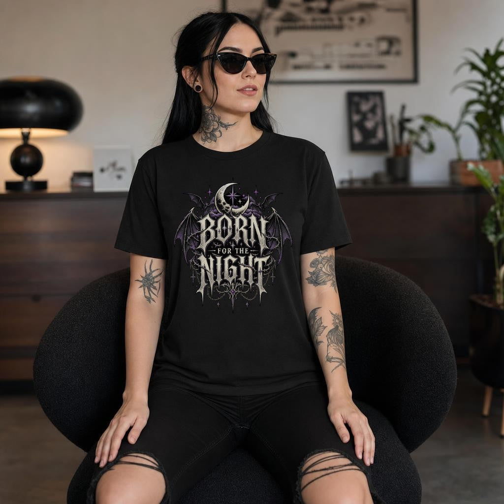 Born for the Night T-Shirt Damen Gothic Retro Moon Bat Alternative Style