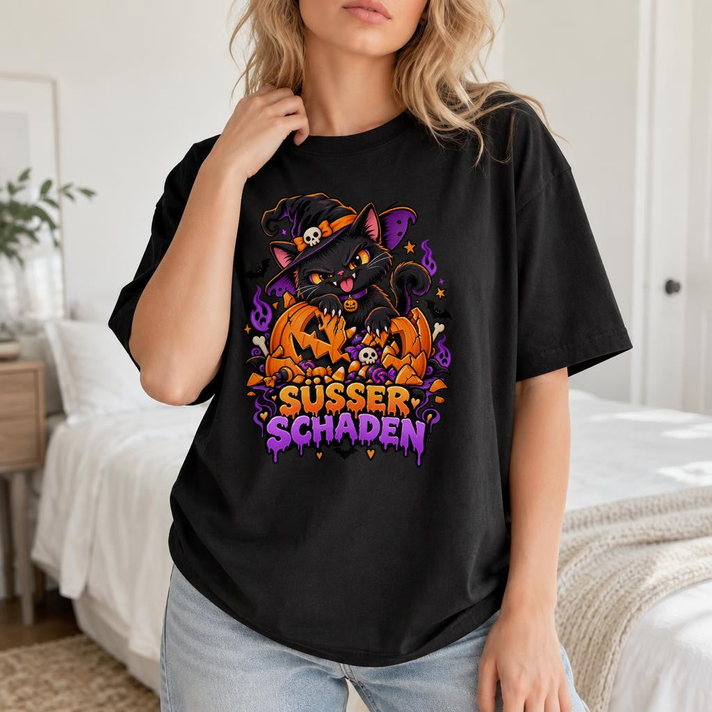 Süsser Schaden Halloween Katze T-Shirt Damen, Schwarze Katze Hexe Kürbis, Lustiges Spooky Shirt Herbst