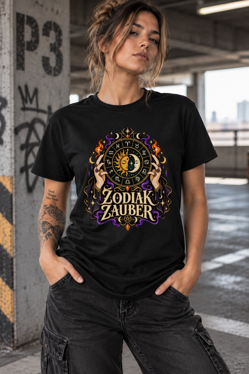 Zodiak Zauber T-Shirt Damen Unisex Astrologie Sternzeichen Mystic Gothic Retro Shirt Sonne Mond Oversized Schwarz