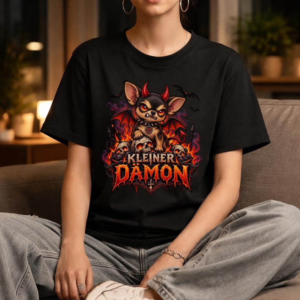 Kleiner Dämon T-Shirt Oversized Damen Herren, Gothic Chihuahua Shirt, Lustiges Horror Halloween Grafik Tee Schwarz