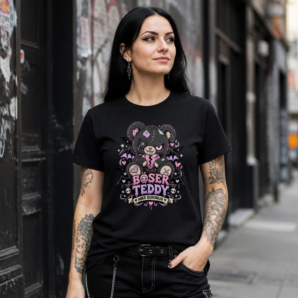 Böser Teddy T-Shirt Damen Gothic Cute Pastell, Grunge Alt. aber kuschelig Spruchshirt