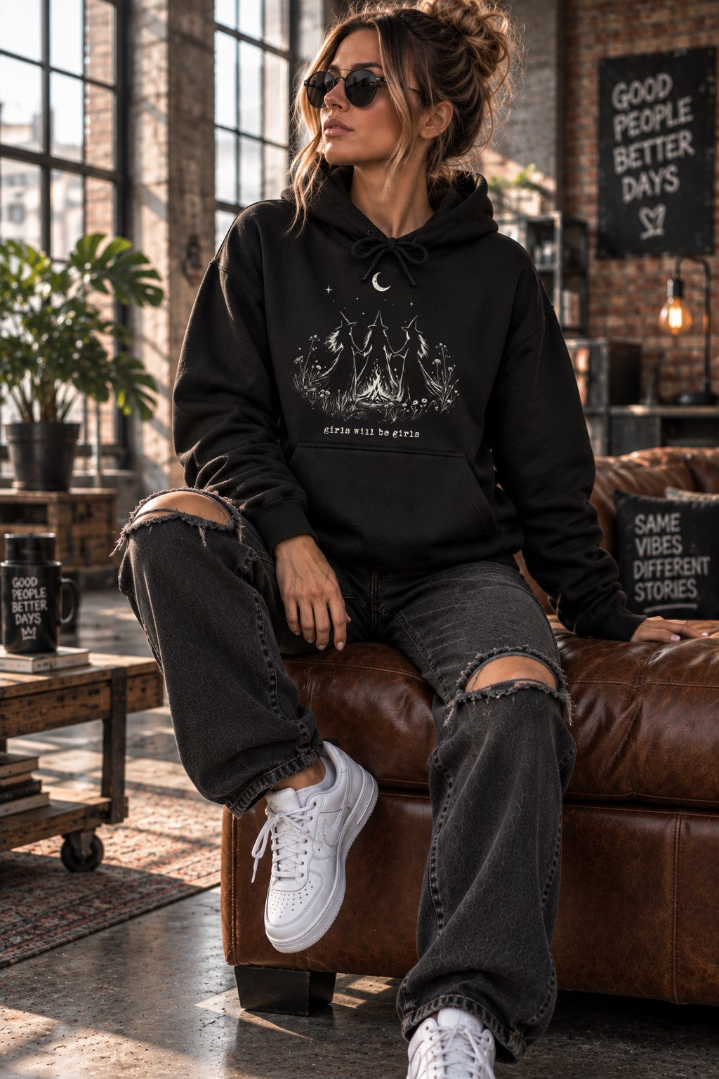 Witchy Hoodie Damen Schwarz Girls Will Be Girls Hexen Grafik Hoodie Boho Gothic Moon Pullover Geschenk für Frauen