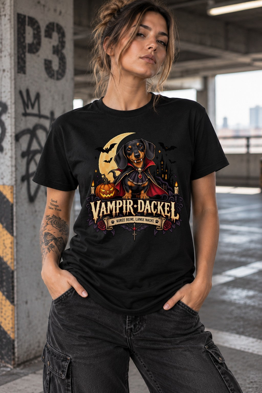 Vampir Dackel T-Shirt Damen Halloween Hundeshirt Gothic Retro Spruch Kurze Beine Lange Nacht Geschenk