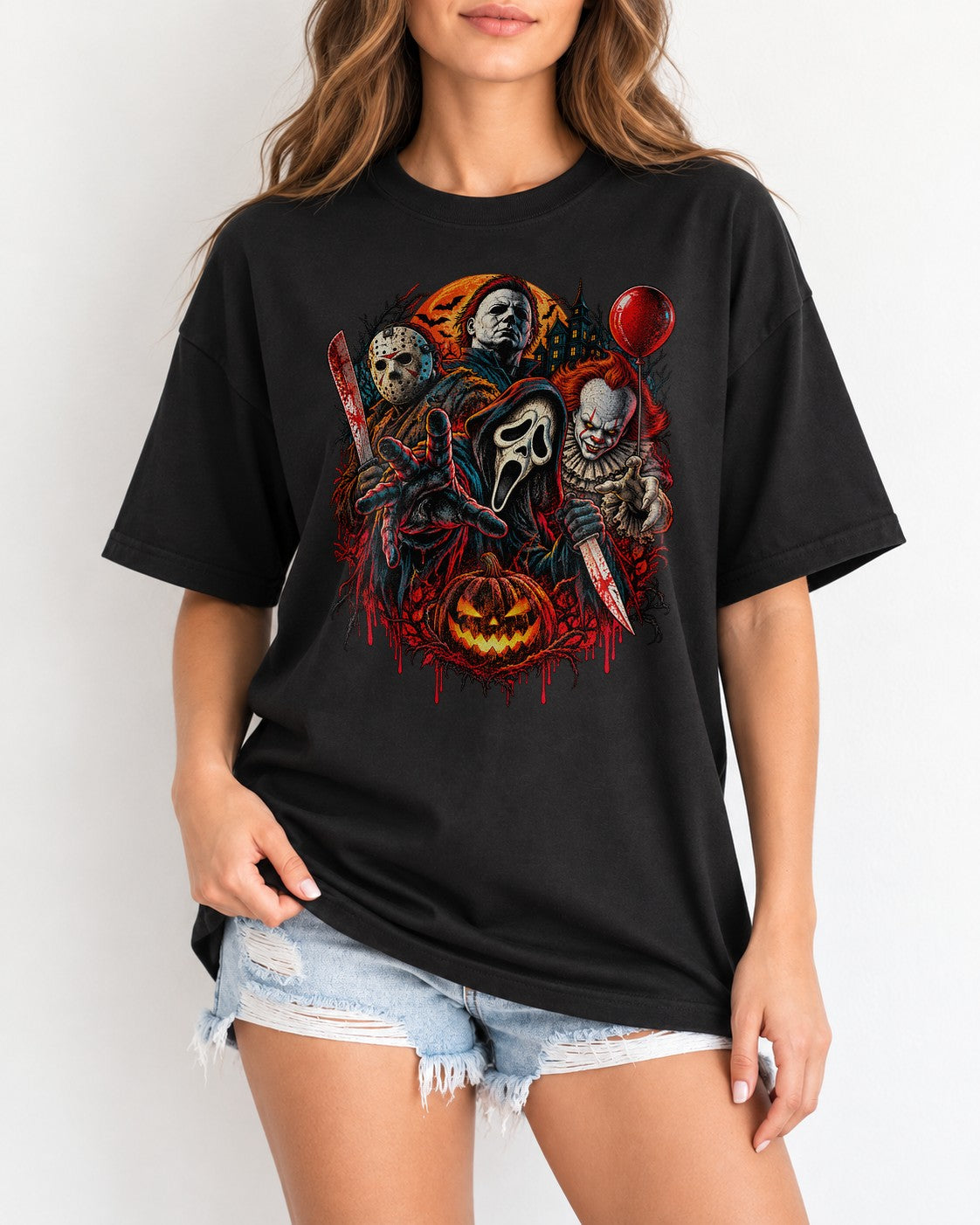 Halloween Horror T-Shirt Herren, Slasher Film Villains Shirt, Michael Myers Jason Ghostface Pennywise Tee, Grusel Outfit