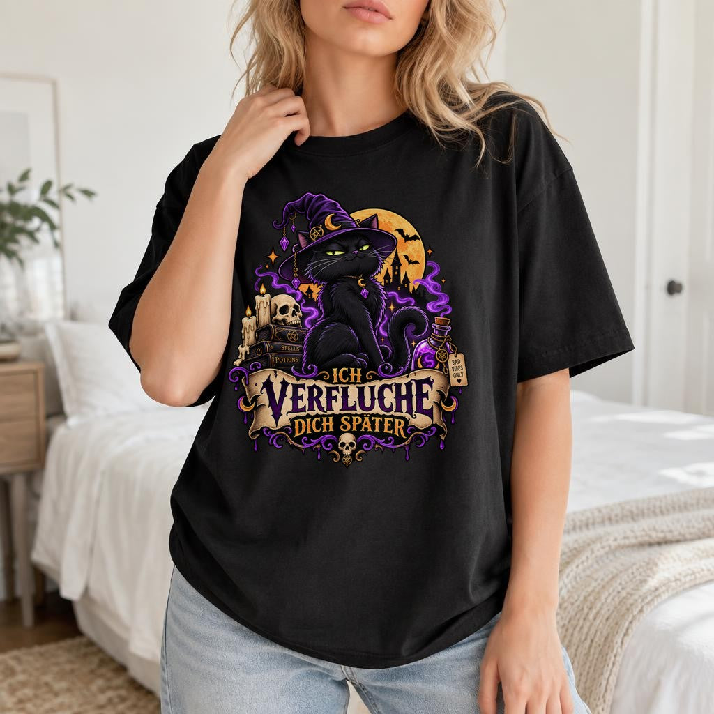 Hexenkatze T-Shirt Damen Lustig Ich verfluche dich später Gothic Halloween Katze Spruchshirt Schwarz