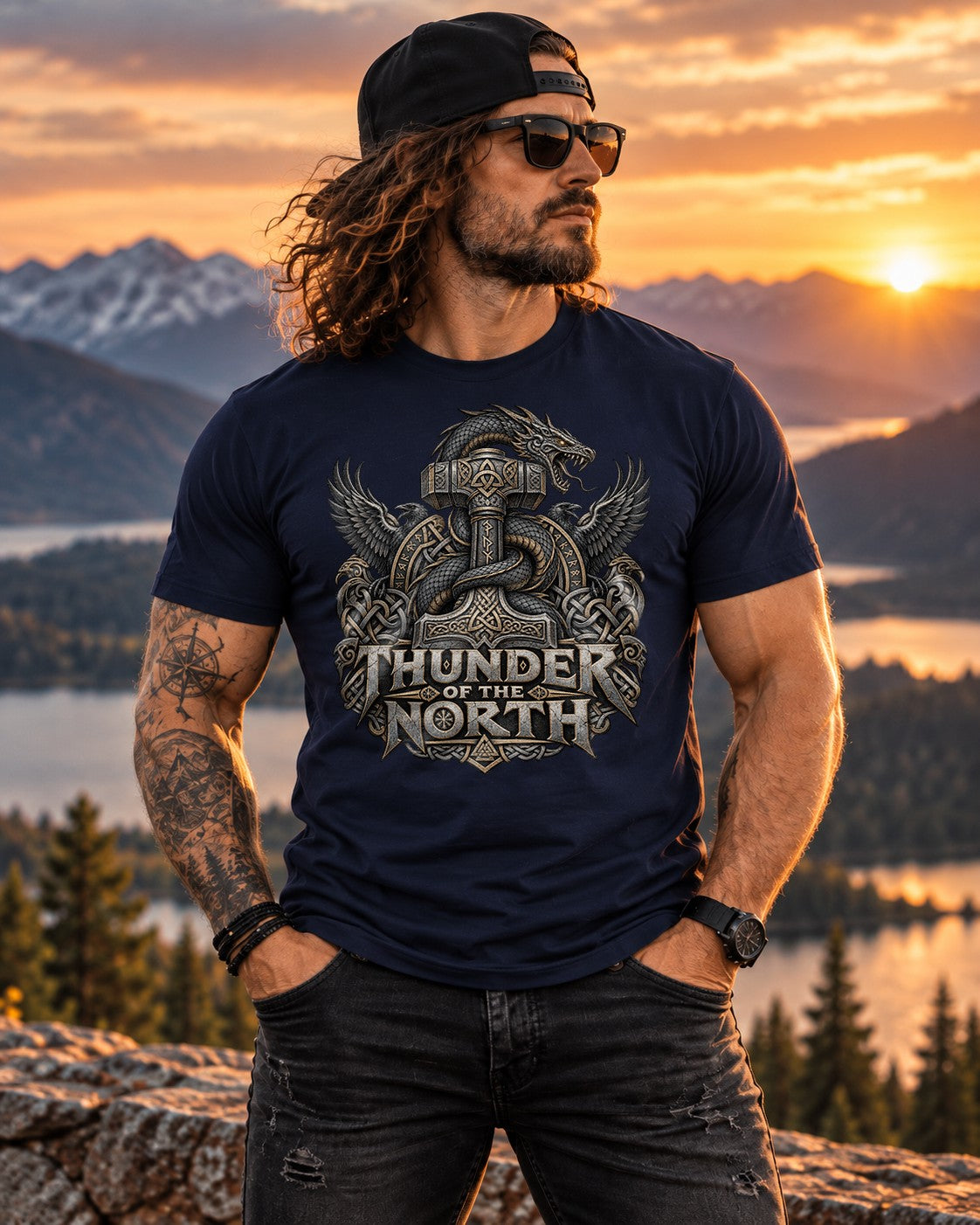 Thunder of the North T-Shirt Herren Wikinger Norse Mythologie Thor Hammer Drachen Raben Nordic Fantasy Shirt