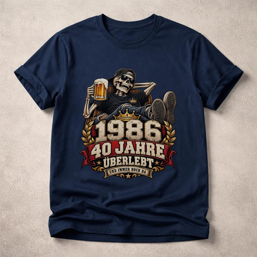 1986 40 Jahre Überlebt T-Shirt Herren, lustiges 40. Geburtstag Shirt mit Skelett Bier, Geschenk zum Vierzigsten