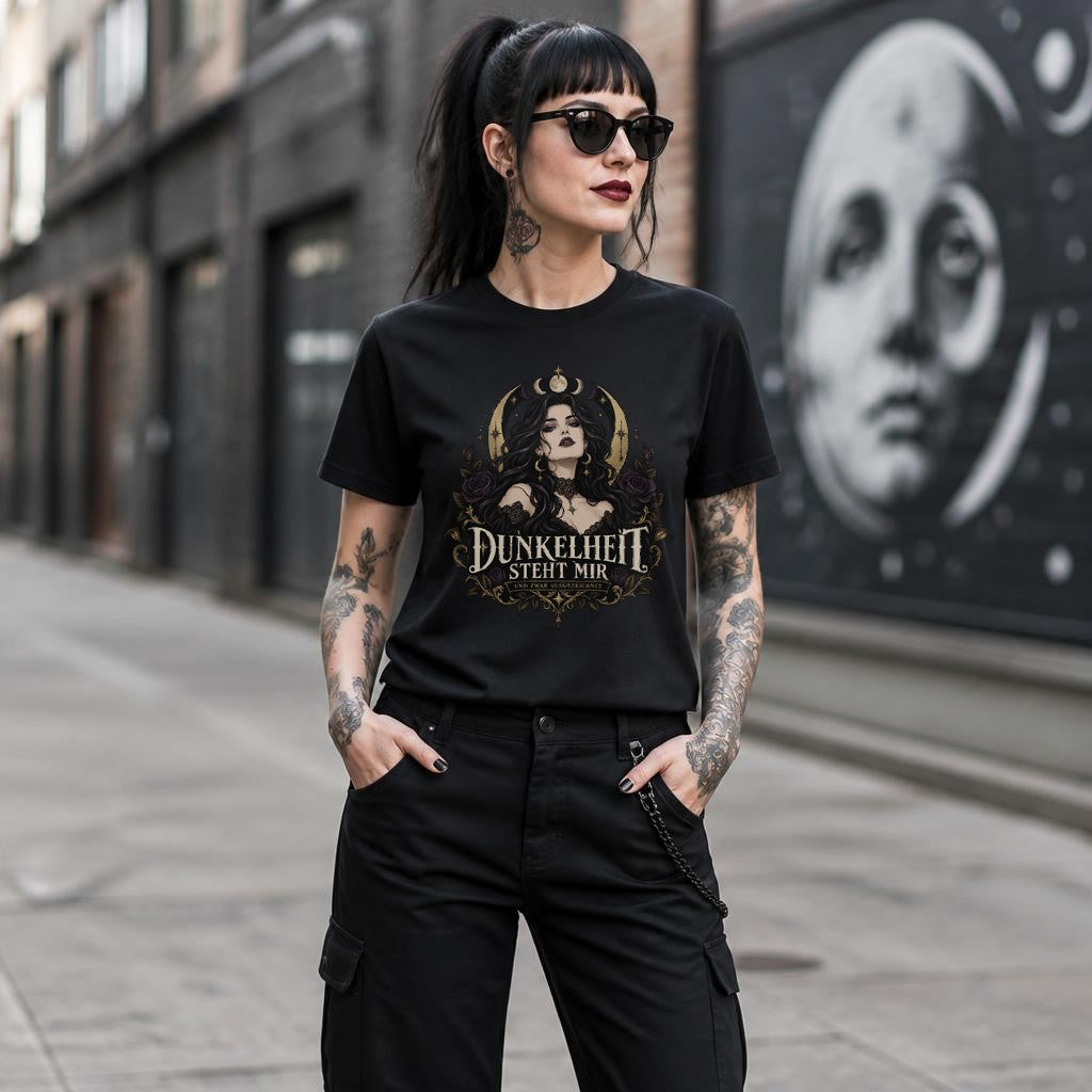Dunkelheit steht mir Gothic T-Shirt Damen | Dark Academia, Witchy Vintage Spruch Shirt