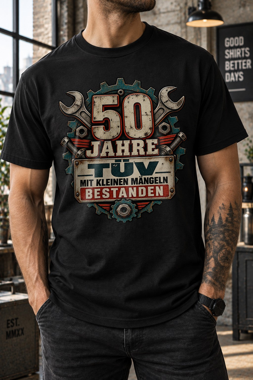 50 Jahre TÜV mit kleinen Mängeln bestanden T-Shirt Herren, lustiges 50. Geburtstag Geschenk, Mechaniker Vintage Shirt