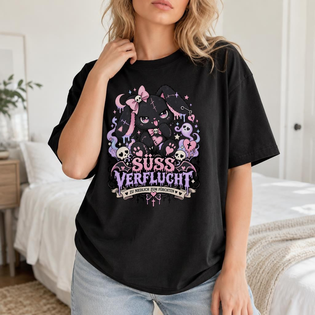 Süss Verflucht T-Shirt Damen Oversized Gothic Kawaii Hase Schwarz Cute Spooky Grunge Shirt Halloween Emo