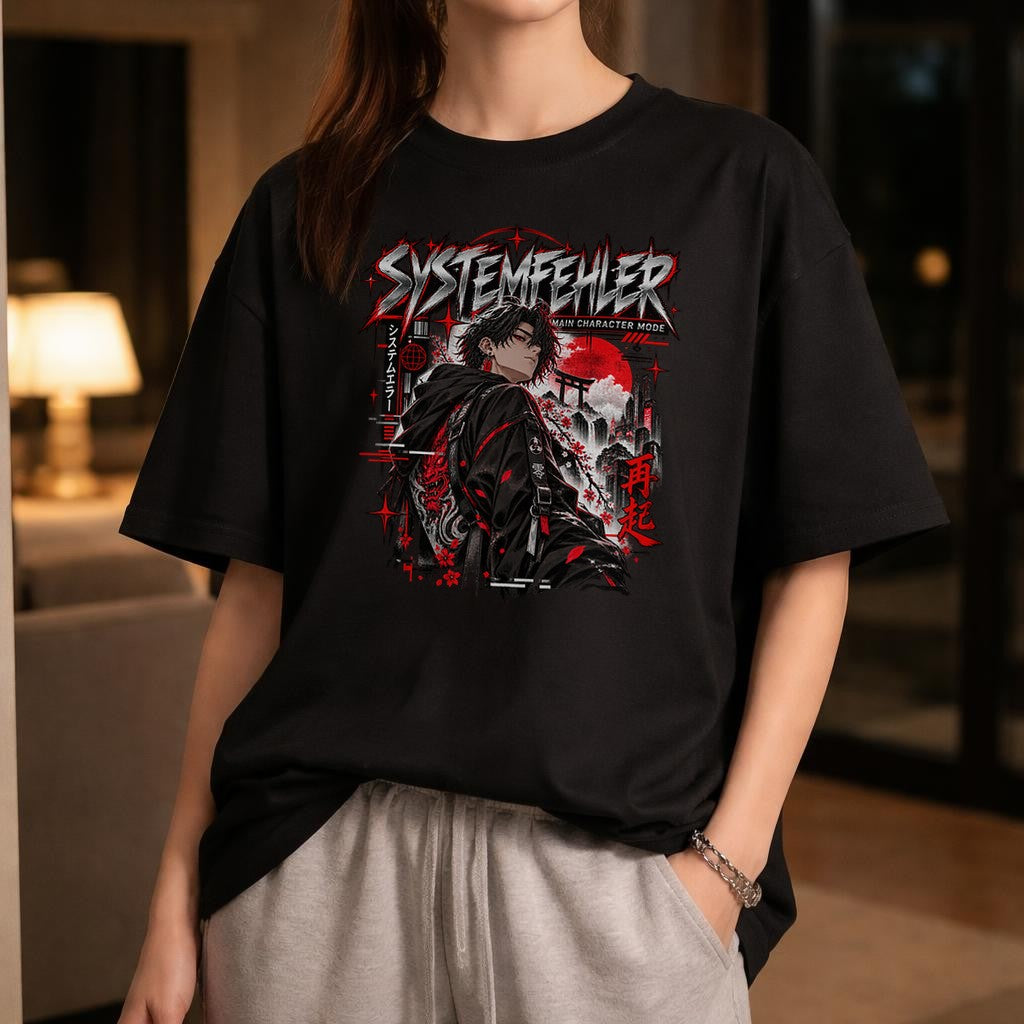 Systemfehler Anime T-Shirt Damen Herren, Main Character Mode Shirt, Japan Streetwear Oversized Schwarz