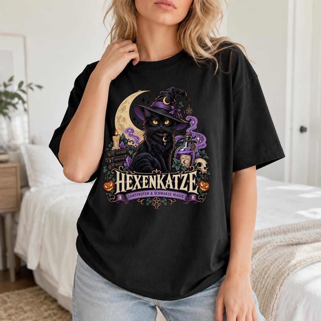 Hexenkatze T-Shirt Damen Halloween Katze Magie Gothic Shirt Schwarze Katze Witchy Geschenk Hexe Herbst Oberteil