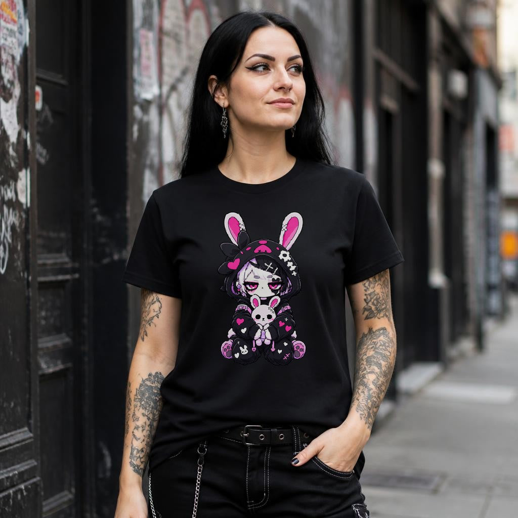 Cute Gothic Bunny T-Shirt Damen | Kawaii Gothic Anime Shirt mit süßem Hasen Motiv