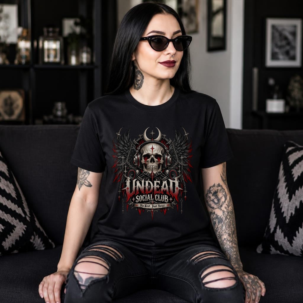 Undead Social Club Gothic Skull T-Shirt, Death Metal Shirt Damen, No Rest Just Noise