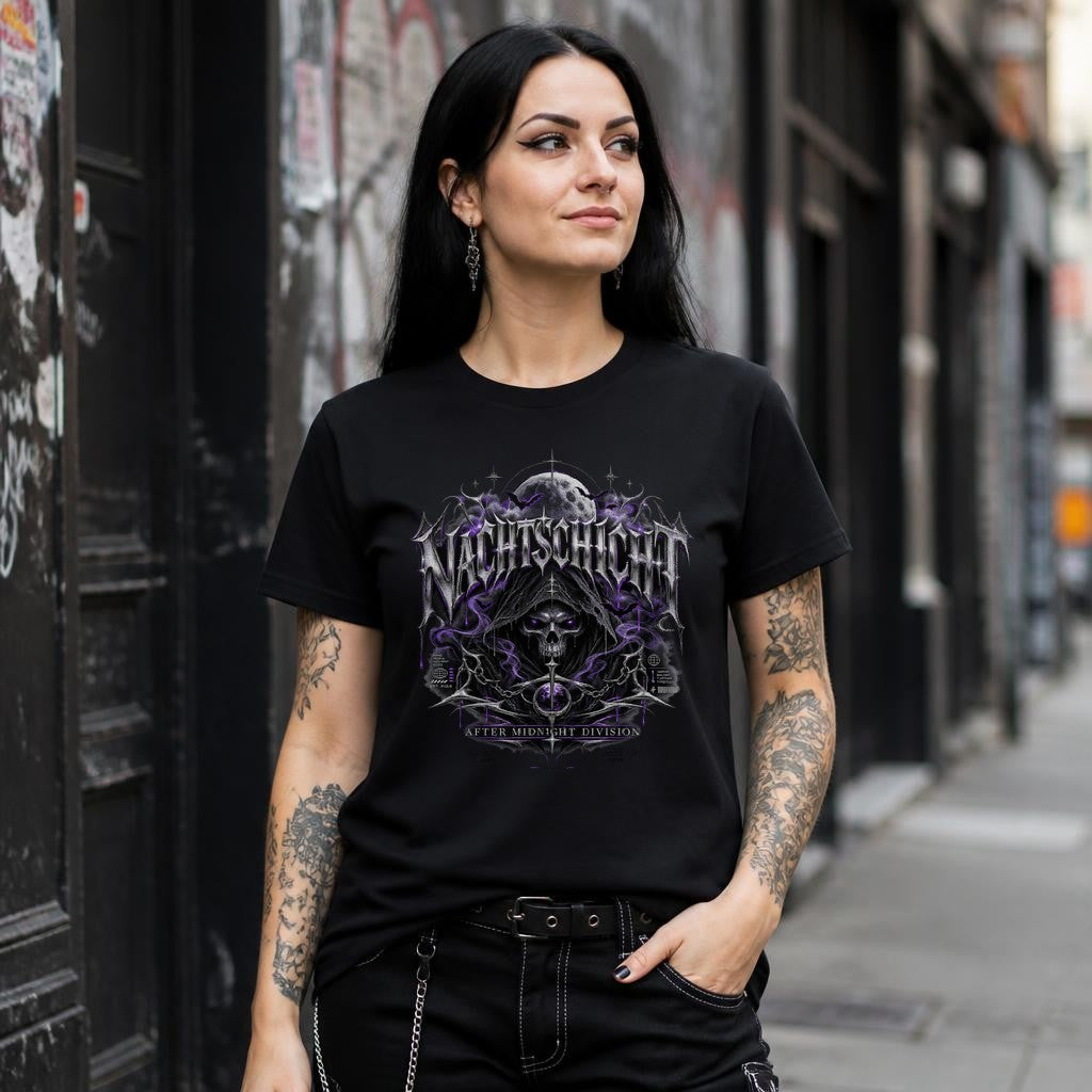 NACHTSCHREI Camiseta gótica para mujer – Camiseta Dark Metal con calavera y luna