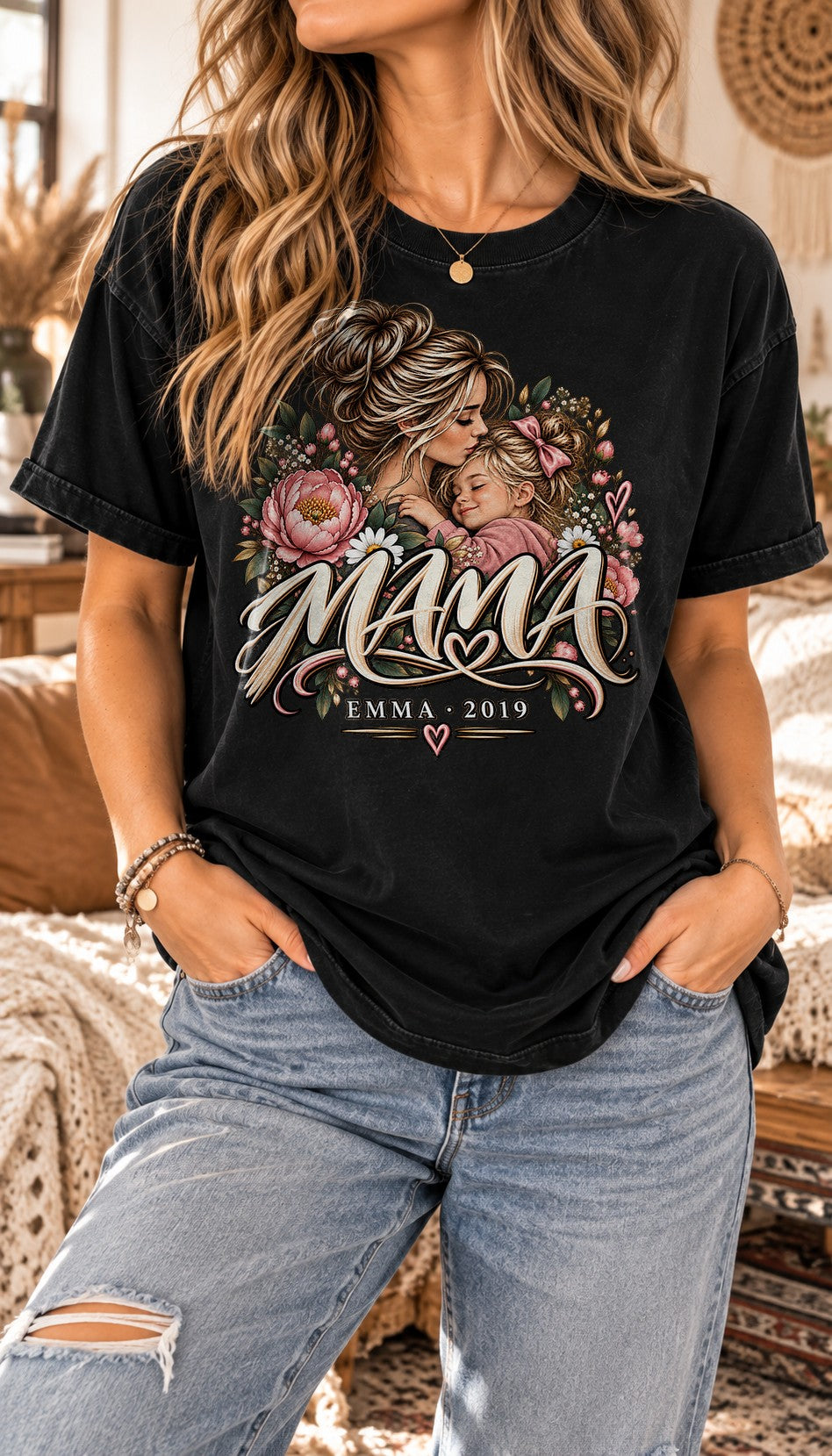 Personalisiert Mama T-Shirt mit Name & Wunschjahr, Blumen Mutter Tochter Shirt, Geschenk fuer Mama, Mama Geschenk individuell