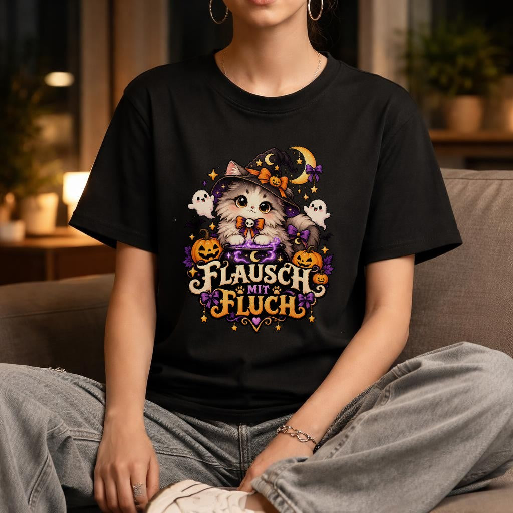 Flausch mit Fluch Halloween Katzen T-Shirt Damen Oversized Hexenkatze Cute Spooky Herbst Shirt Geschenk