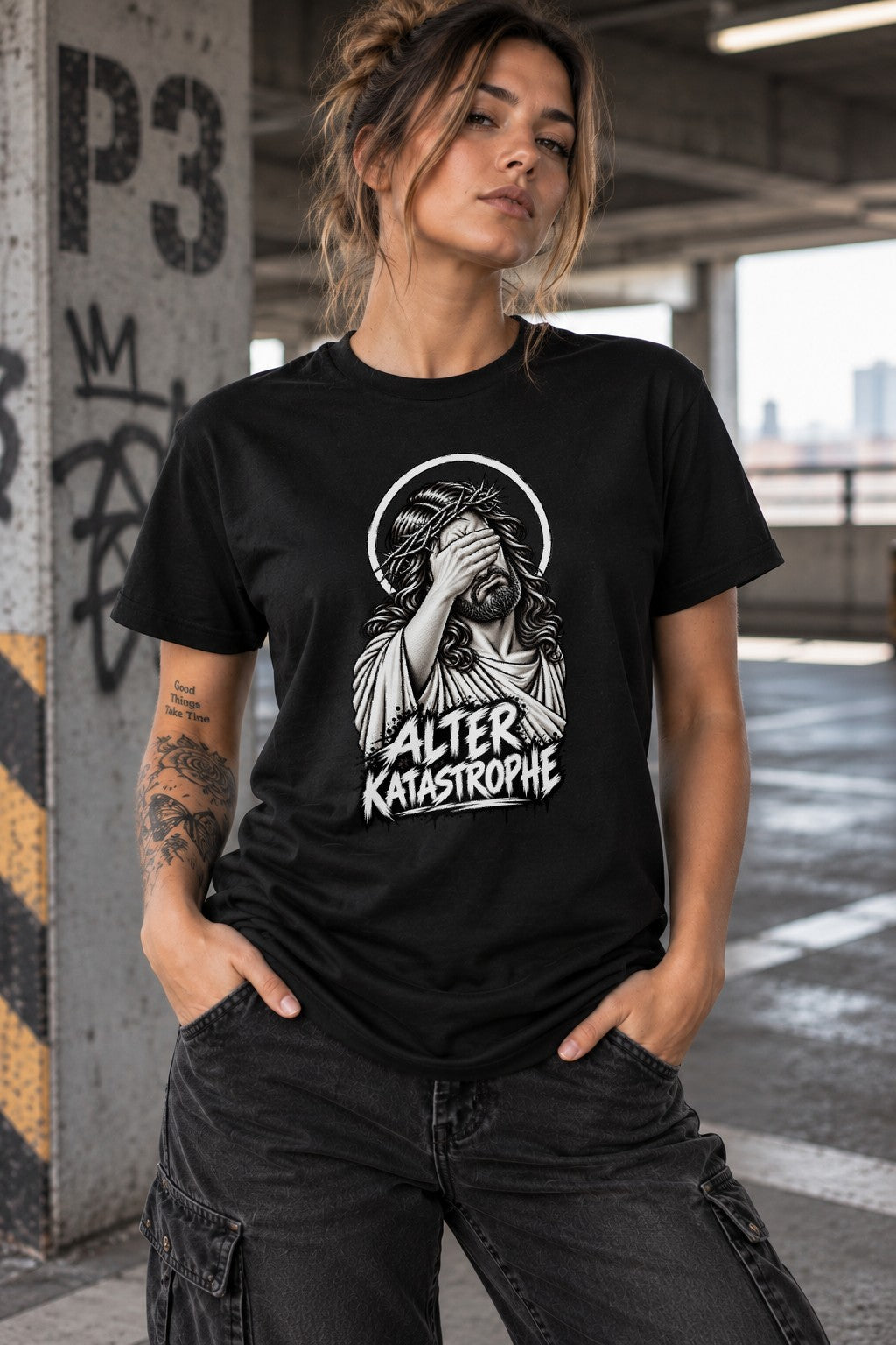 Alter Katastrophe T-Shirt Damen Oversized Lustig Jesus Facepalm Shirt Schwarz Sarkasmus Spruchshirt Unisex Geschenk